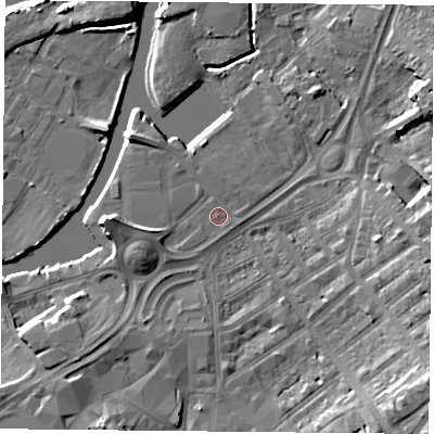 Shaded relief map of the ground around DN12RE, computed from Environment Agency LiDAR. The ground here sits at about 10 m above sea level and falls 16 m across the surrounding 800 m. Surface water reaching this point runs off ground lying to the west-south-west, 2.0 m higher.