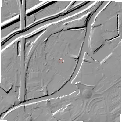 Shaded relief map of the ground around DN12RF, computed from Environment Agency LiDAR. The ground here sits at about 9 m above sea level and falls 14 m across the surrounding 800 m. Surface water reaching this point runs off ground lying to the east, 5.2 m higher.