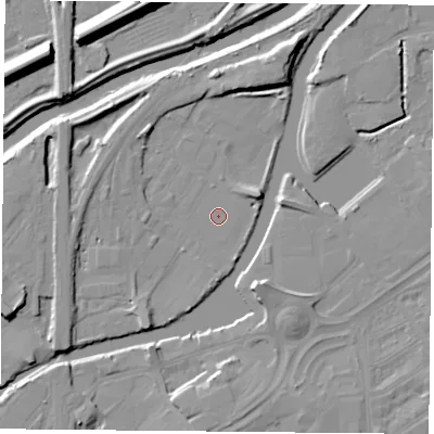 Shaded relief map of the ground around DN12RG, computed from Environment Agency LiDAR. The ground here sits at about 9 m above sea level and falls 14 m across the surrounding 800 m. Surface water reaching this point runs off ground lying to the south-south-west, 4.1 m higher.