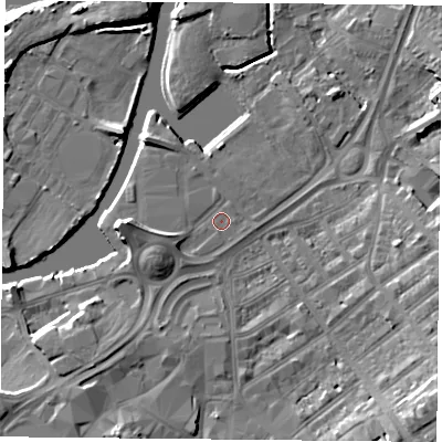 Shaded relief map of the ground around DN12RT, computed from Environment Agency LiDAR. The ground here sits at about 10 m above sea level and falls 15 m across the surrounding 800 m. Surface water reaching this point runs off ground lying to the west-south-west, 2.0 m higher.