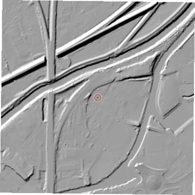 Shaded relief map of the ground around DN12RW, computed from Environment Agency LiDAR. The ground here sits at about 9 m above sea level and falls 14 m across the surrounding 800 m. Surface water reaching this point runs off ground lying to the west-north-west, 3.5 m higher.