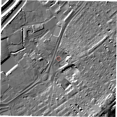 Shaded relief map of the ground around DN12RZ, computed from Environment Agency LiDAR. The ground here sits at about 11 m above sea level and falls 19 m across the surrounding 800 m. Surface water reaching this point runs off ground lying to the east, 6.1 m higher.