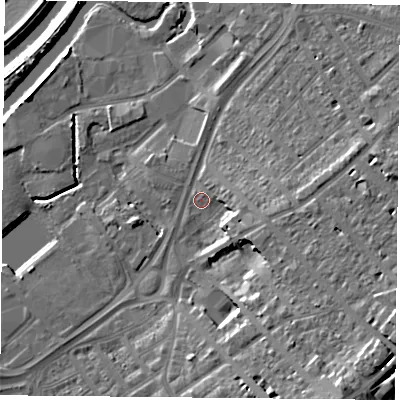 Shaded relief map of the ground around DN12SB, computed from Environment Agency LiDAR. The ground here sits at about 11 m above sea level and falls 19 m across the surrounding 800 m. Surface water reaching this point runs off ground lying to the east-south-east, 8.8 m higher.