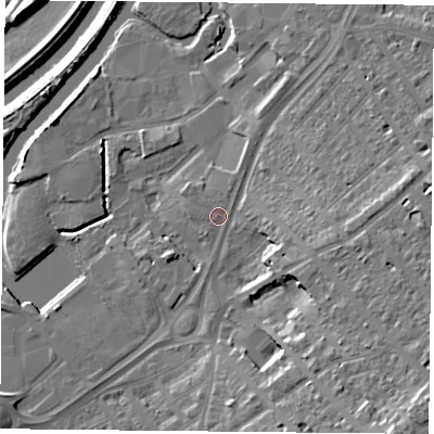 Shaded relief map of the ground around DN12SD, computed from Environment Agency LiDAR. The ground here sits at about 11 m above sea level and falls 19 m across the surrounding 800 m. Surface water reaching this point runs off ground lying to the north-north-east, 1.0 m higher.
