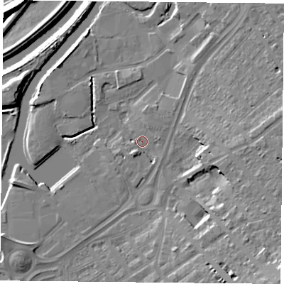 Shaded relief map of the ground around DN12SF, computed from Environment Agency LiDAR. The ground here sits at about 10 m above sea level and falls 19 m across the surrounding 800 m. Surface water reaching this point runs off ground lying to the south-south-west, 3.1 m higher.