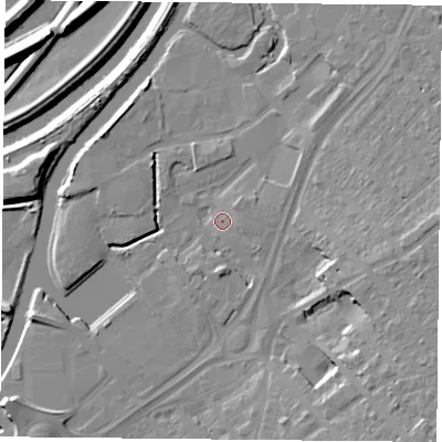 Shaded relief map of the ground around DN12SG, computed from Environment Agency LiDAR. The ground here sits at about 10 m above sea level and falls 17 m across the surrounding 800 m. Surface water reaching this point runs off ground lying to the north-east, 3.1 m higher.