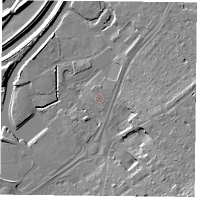 Shaded relief map of the ground around DN12SL, computed from Environment Agency LiDAR. The ground here sits at about 11 m above sea level and falls 19 m across the surrounding 800 m. Surface water reaching this point runs off ground lying to the south-south-east, 0.9 m higher.