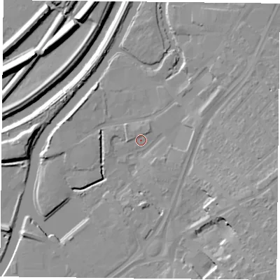 Shaded relief map of the ground around DN12SR, computed from Environment Agency LiDAR. The ground here sits at about 9 m above sea level and falls 15 m across the surrounding 800 m. Surface water reaching this point runs off ground lying to the east, 2.8 m higher.