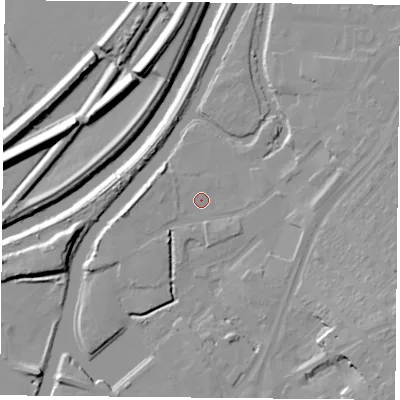 Shaded relief map of the ground around DN12ST, computed from Environment Agency LiDAR. The ground here sits at about 9 m above sea level and falls 14 m across the surrounding 800 m. Surface water reaching this point runs off ground lying to the west, 5.1 m higher.