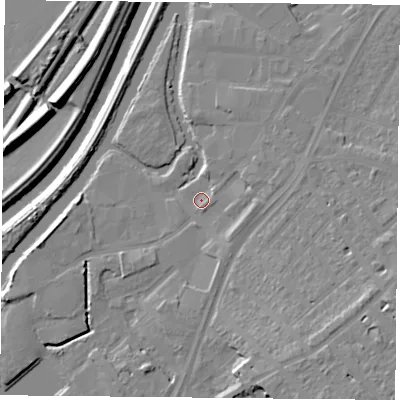 Shaded relief map of the ground around DN12SU, computed from Environment Agency LiDAR. The ground here sits at about 9 m above sea level and falls 15 m across the surrounding 800 m. Surface water reaching this point runs off ground lying to the east-north-east, 4.0 m higher.