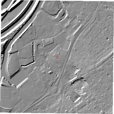 Shaded relief map of the ground around DN12SW, computed from Environment Agency LiDAR. The ground here sits at about 11 m above sea level and falls 17 m across the surrounding 800 m. Surface water reaching this point runs off ground lying to the north-west, 0.7 m higher.