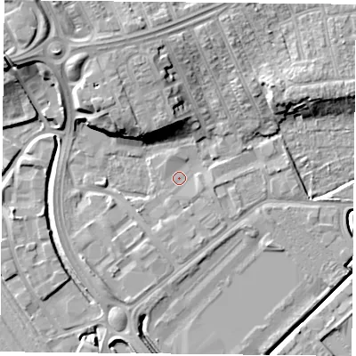 Shaded relief map of the ground around DN12SY, computed from Environment Agency LiDAR. The ground here sits at about 7 m above sea level and falls 15 m across the surrounding 800 m. Surface water reaching this point runs off ground lying to the north, 7.2 m higher.