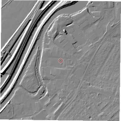Shaded relief map of the ground around DN12TF, computed from Environment Agency LiDAR. The ground here sits at about 11 m above sea level and falls 13 m across the surrounding 800 m. Surface water reaching this point runs off ground lying to the north-east, 0.9 m higher.