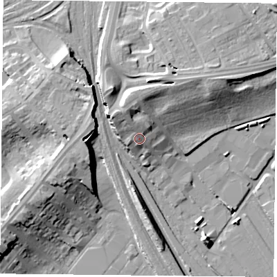 Shaded relief map of the ground around DN13RE, computed from Environment Agency LiDAR. The ground here sits at about 14 m above sea level and falls 16 m across the surrounding 800 m. Surface water reaching this point runs off ground lying to the north-north-west, 5.7 m higher.