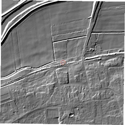 Shaded relief map of the ground around DN140AA, computed from Environment Agency LiDAR. The ground here sits at about 5 m above sea level and falls 10 m across the surrounding 800 m. Surface water reaching this point runs off ground lying to the south, 5.6 m higher.