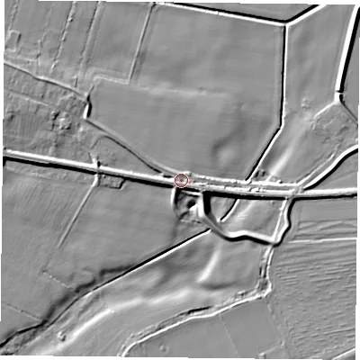Shaded relief map of the ground around DN140AB, computed from Environment Agency LiDAR. The ground here sits at about 6 m above sea level and falls 8 m across the surrounding 800 m. Surface water reaching this point runs off ground lying to the south-south-west, 1.6 m higher.