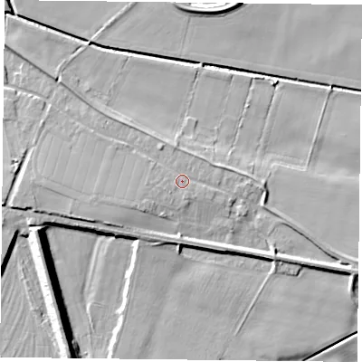 Shaded relief map of the ground around DN140AG, computed from Environment Agency LiDAR. The ground here sits at about 7 m above sea level and falls 12 m across the surrounding 800 m. Surface water reaching this point runs off ground lying to the west-south-west, 5.2 m higher.