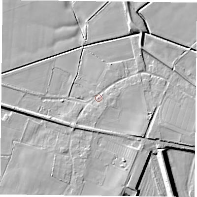 Shaded relief map of the ground around DN140AL, computed from Environment Agency LiDAR. The ground here sits at about 6 m above sea level and falls 12 m across the surrounding 800 m. Surface water reaching this point runs off ground lying to the south-east, 1.8 m higher.