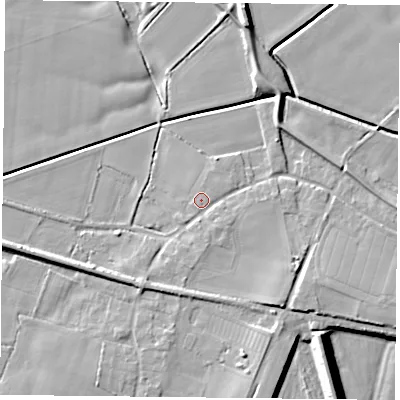 Shaded relief map of the ground around DN140AN, computed from Environment Agency LiDAR. The ground here sits at about 5 m above sea level and falls 12 m across the surrounding 800 m. Surface water reaching this point runs off ground lying to the south-east, 1.5 m higher.