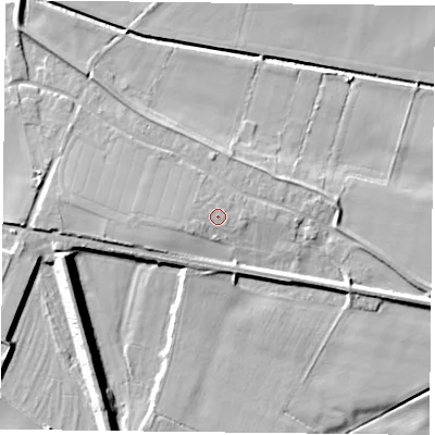 Shaded relief map of the ground around DN140AQ, computed from Environment Agency LiDAR. The ground here sits at about 7 m above sea level and falls 12 m across the surrounding 800 m. Surface water reaching this point runs off ground lying to the west, 0.7 m higher.