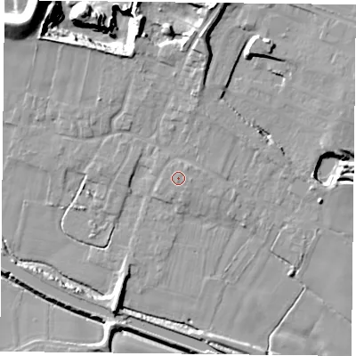 Shaded relief map of the ground around DN140BF, computed from Environment Agency LiDAR. The ground here sits at about 6 m above sea level and falls 22 m across the surrounding 800 m. Surface water reaching this point runs off ground lying to the east, 0.7 m higher.