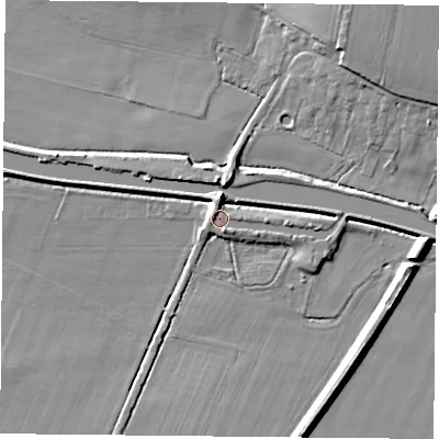 Shaded relief map of the ground around DN140BL, computed from Environment Agency LiDAR. The ground here sits at about 7 m above sea level and falls 10 m across the surrounding 800 m. Surface water reaching this point runs off ground lying to the north, 6.2 m higher.