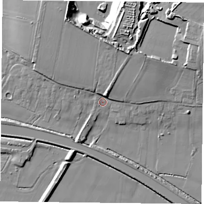 Shaded relief map of the ground around DN140BQ, computed from Environment Agency LiDAR. The ground here sits at about 8 m above sea level and falls 18 m across the surrounding 800 m. Surface water reaching this point runs off ground lying to the north-north-east, 7.2 m higher.