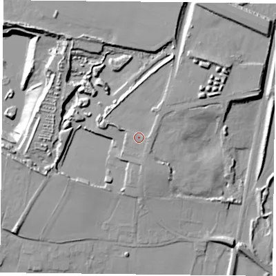 Shaded relief map of the ground around DN140BT, computed from Environment Agency LiDAR. The ground here sits at about 16 m above sea level and falls 21 m across the surrounding 800 m. Surface water reaching this point runs off ground lying to the north-east, 2.4 m higher.