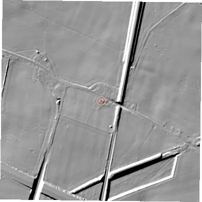 Shaded relief map of the ground around DN140BU, computed from Environment Agency LiDAR. The ground here sits at about 8 m above sea level and falls 14 m across the surrounding 800 m. Surface water reaching this point runs off ground lying to the south-south-west, 1.6 m higher.