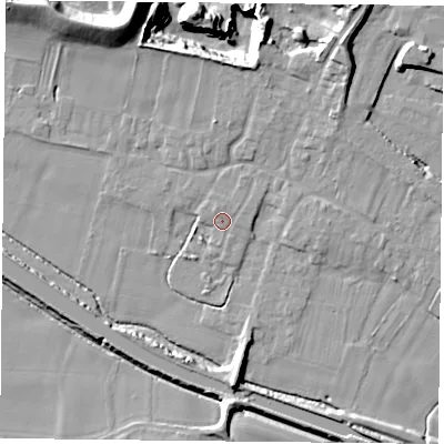 Shaded relief map of the ground around DN140DB, computed from Environment Agency LiDAR. The ground here sits at about 6 m above sea level and falls 22 m across the surrounding 800 m. Surface water reaching this point runs off ground lying to the north-west, 1.5 m higher.