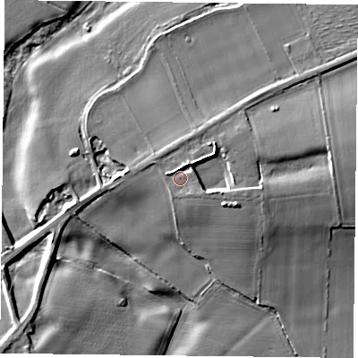 Shaded relief map of the ground around DN140DE, computed from Environment Agency LiDAR. The ground here sits at about 9 m above sea level and falls 11 m across the surrounding 800 m. Surface water reaching this point runs off ground lying to the east, 4.3 m higher.