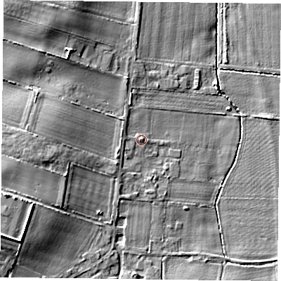 Shaded relief map of the ground around DN140DF, computed from Environment Agency LiDAR. The ground here sits at about 6 m above sea level and falls 11 m across the surrounding 800 m. Surface water reaching this point runs off ground lying to the west, 5.3 m higher.