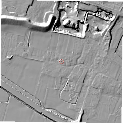 Shaded relief map of the ground around DN140DP, computed from Environment Agency LiDAR. The ground here sits at about 6 m above sea level and falls 23 m across the surrounding 800 m. Surface water reaching this point runs off ground lying to the north-east, 4.2 m higher.
