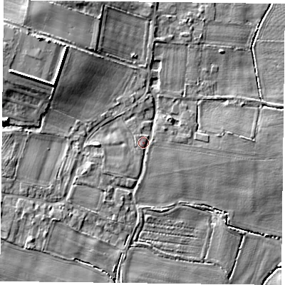 Shaded relief map of the ground around DN140DQ, computed from Environment Agency LiDAR. The ground here sits at about 6 m above sea level and falls 11 m across the surrounding 800 m. Surface water reaching this point runs off ground lying to the north-north-west, 0.8 m higher.