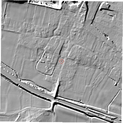 Shaded relief map of the ground around DN140DX, computed from Environment Agency LiDAR. The ground here sits at about 5 m above sea level and falls 20 m across the surrounding 800 m. Surface water reaching this point runs off ground lying to the east-north-east, 2.5 m higher.