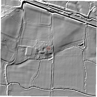 Shaded relief map of the ground around DN140DY, computed from Environment Agency LiDAR. The ground here sits at about 6 m above sea level and falls 8 m across the surrounding 800 m. Surface water reaching this point runs off ground lying to the west-north-west, 1.2 m higher.