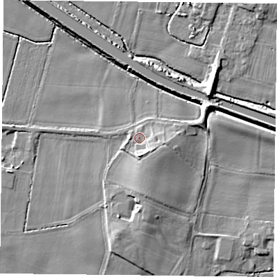 Shaded relief map of the ground around DN140DZ, computed from Environment Agency LiDAR. The ground here sits at about 7 m above sea level and falls 9 m across the surrounding 800 m. Surface water reaching this point runs off ground lying to the south-east, 3.0 m higher.