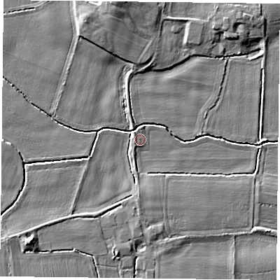 Shaded relief map of the ground around DN140EA, computed from Environment Agency LiDAR. The ground here sits at about 4 m above sea level and falls 6 m across the surrounding 800 m. Surface water reaching this point runs off ground lying to the north-west, 0.8 m higher.