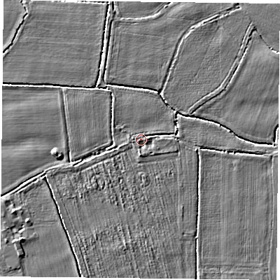 Shaded relief map of the ground around DN140EB, computed from Environment Agency LiDAR. The ground here sits at about 5 m above sea level and falls 3 m across the surrounding 800 m. Surface water reaching this point runs off ground lying to the south, 1.8 m higher.