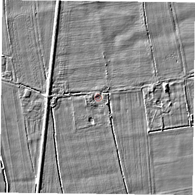 Shaded relief map of the ground around DN140ED, computed from Environment Agency LiDAR. The ground here sits at about 5 m above sea level and falls 4 m across the surrounding 800 m. Surface water reaching this point runs off ground lying to the north-west, 0.5 m higher.