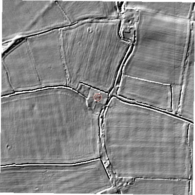 Shaded relief map of the ground around DN140EH, computed from Environment Agency LiDAR. The ground here sits at about 5 m above sea level and falls 3 m across the surrounding 800 m. The ground contributing surface water to this point lies to the south-south-west.