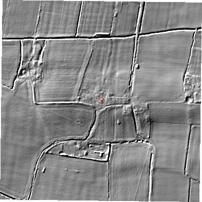 Shaded relief map of the ground around DN140EP, computed from Environment Agency LiDAR. The ground here sits at about 6 m above sea level and falls 5 m across the surrounding 800 m. The ground contributing surface water to this point lies to the east-north-east.