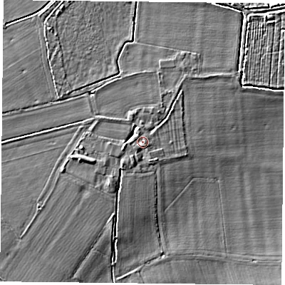 Shaded relief map of the ground around DN140EQ, computed from Environment Agency LiDAR. The ground here sits at about 6 m above sea level and falls 3 m across the surrounding 800 m. Surface water reaching this point runs off ground lying to the west-south-west, 1.1 m higher.