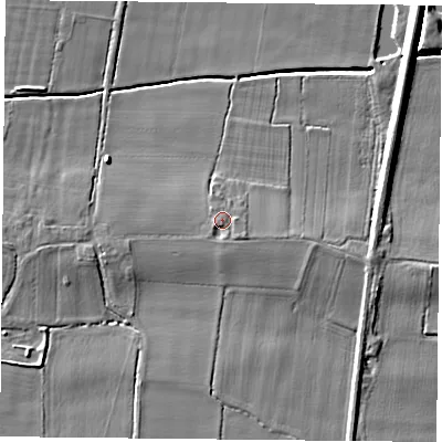 Shaded relief map of the ground around DN140ER, computed from Environment Agency LiDAR. The ground here sits at about 7 m above sea level and falls 8 m across the surrounding 800 m. Surface water reaching this point runs off ground lying to the south-east, 1.4 m higher.