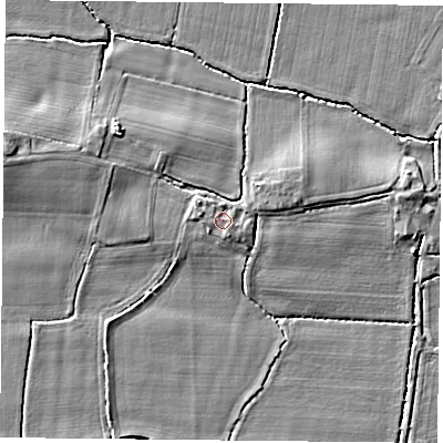 Shaded relief map of the ground around DN140ES, computed from Environment Agency LiDAR. The ground here sits at about 6 m above sea level and falls 5 m across the surrounding 800 m. Surface water reaching this point runs off ground lying to the south-south-east, 1.1 m higher.