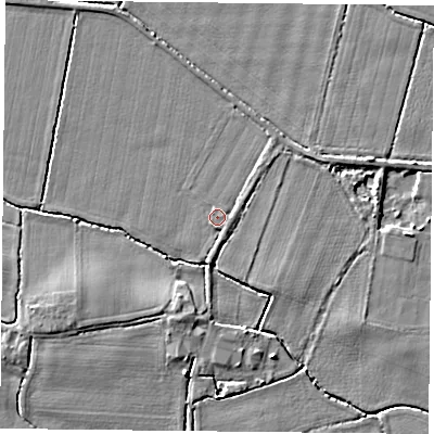 Shaded relief map of the ground around DN140ET, computed from Environment Agency LiDAR. The ground here sits at about 5 m above sea level and falls 4 m across the surrounding 800 m. Surface water reaching this point runs off ground lying to the south-east, 0.6 m higher.