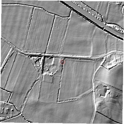 Shaded relief map of the ground around DN140EU, computed from Environment Agency LiDAR. The ground here sits at about 5 m above sea level and falls 6 m across the surrounding 800 m. Surface water reaching this point runs off ground lying to the north-east, 1.2 m higher.