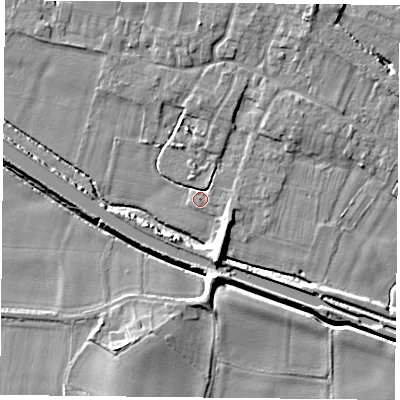 Shaded relief map of the ground around DN140FQ, computed from Environment Agency LiDAR. The ground here sits at about 5 m above sea level and falls 9 m across the surrounding 800 m. Surface water reaching this point runs off ground lying to the east-south-east, 2.9 m higher.
