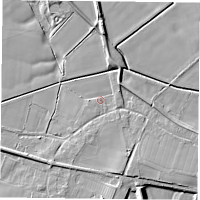 Shaded relief map of the ground around DN140FS, computed from Environment Agency LiDAR. The ground here sits at about 5 m above sea level and falls 12 m across the surrounding 800 m. Surface water reaching this point runs off ground lying to the south-south-east, 5.2 m higher.