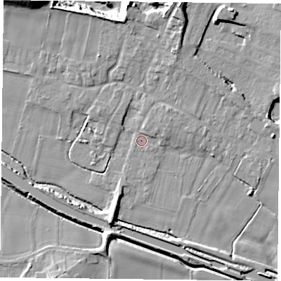Shaded relief map of the ground around DN140HD, computed from Environment Agency LiDAR. The ground here sits at about 5 m above sea level and falls 20 m across the surrounding 800 m. Surface water reaching this point runs off ground lying to the north-east, 1.6 m higher.